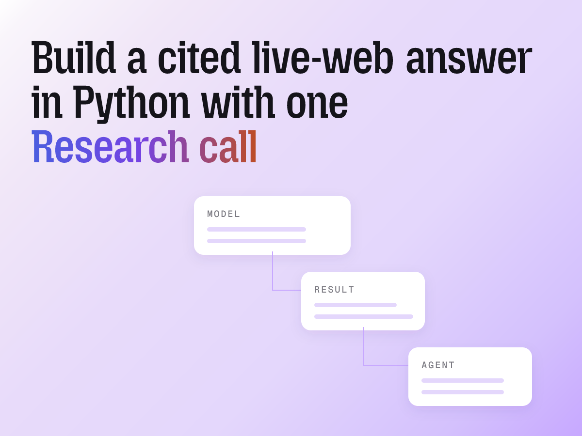 Clone the example, set one environment variable, and run one command to send a current question to Tabstack Research. The call streams progress, then writes a Markdown report and a machine-readable list of cited pages.