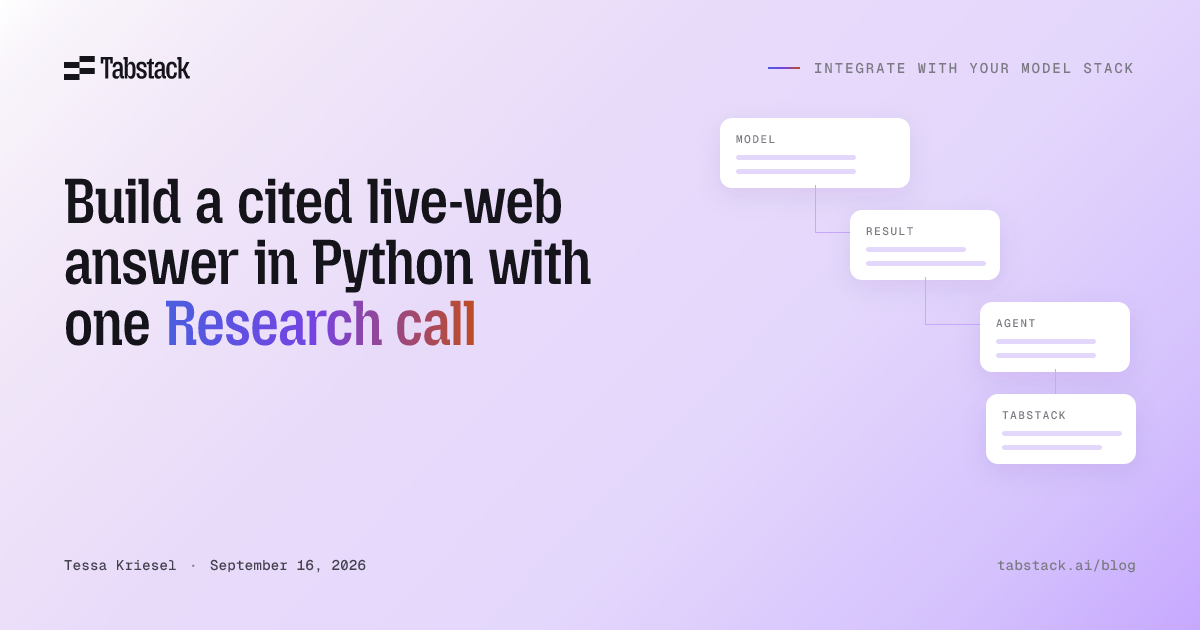 Clone the example, set one environment variable, and run one command to send a current question to Tabstack Research. The call streams progress, then writes a Markdown report and a machine-readable list of cited pages.